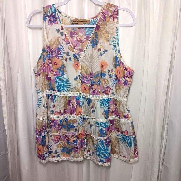 Nine West Vintage America Jeans Sleeveless Blouse SZ M Pearl Snap Buttons Floral - Picture 2 of 11